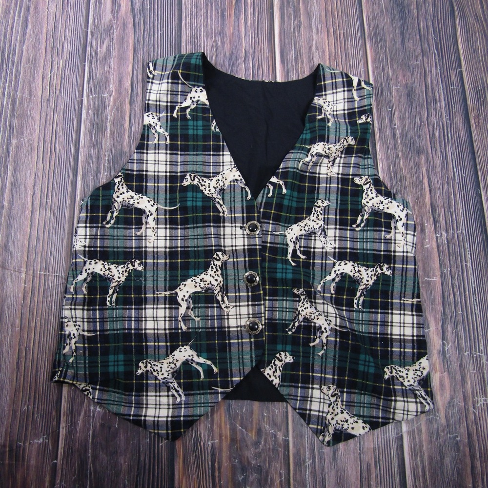 Vest Womens L Green Plaid Dog Lined Single-Breasted Collarless Button Front